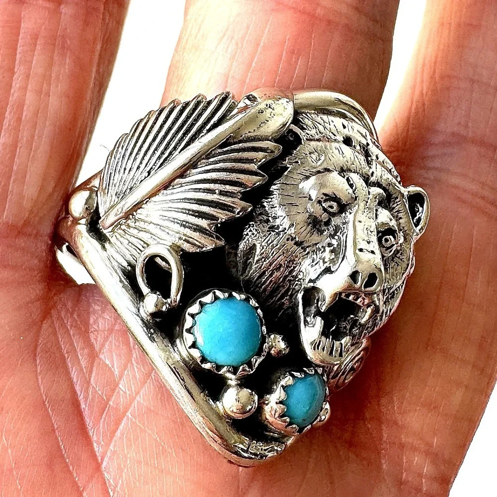 Bear Head Navajo‎ Kingman Turquoise Mens Ring Sz 14 Sterling Signed Sanders